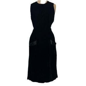Black Velvet Midi Dress Rhinestone Buttons Satin Trim Whimsygoth 80's Dark Sz 10